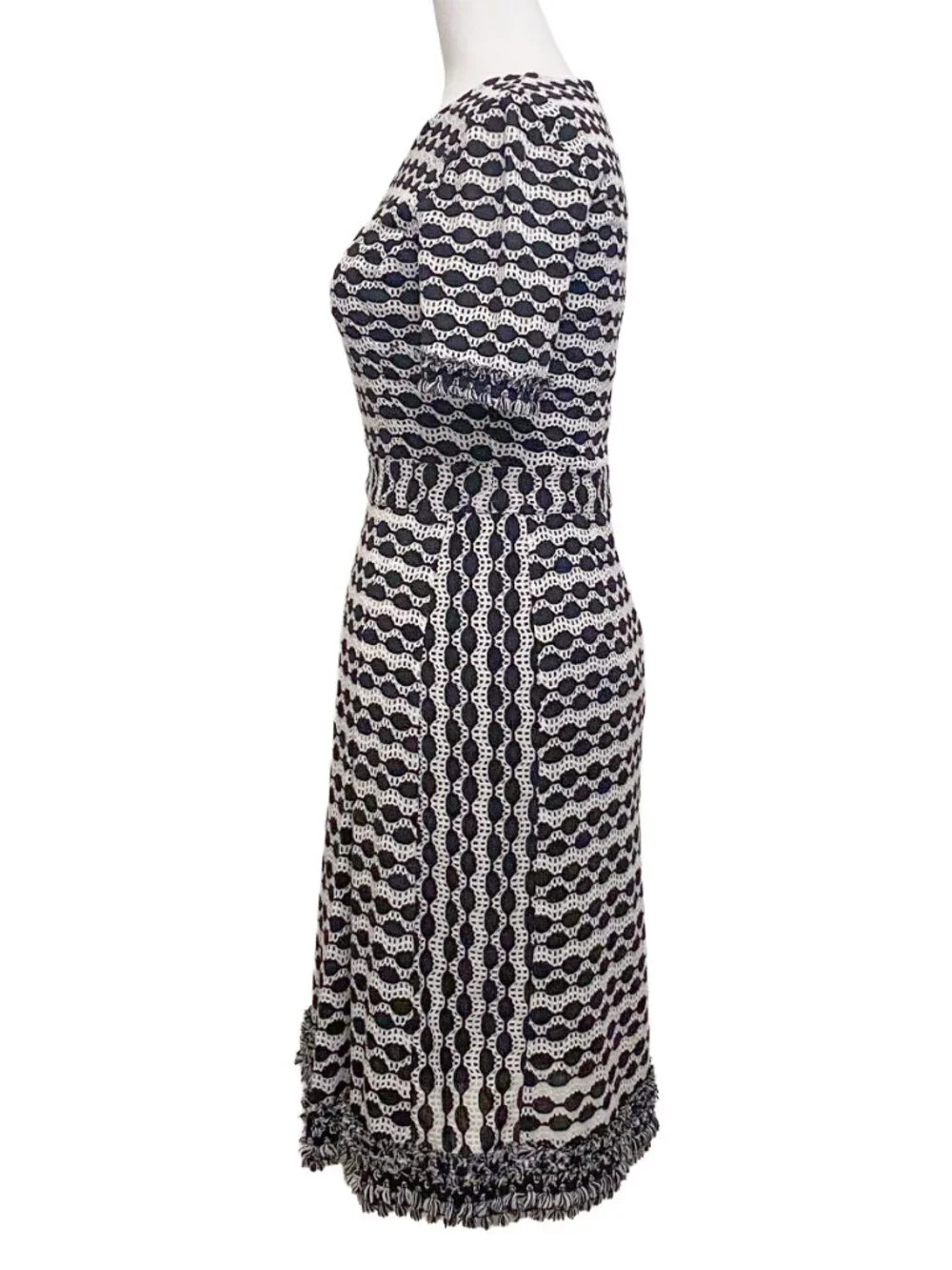 TORY BURCH Paulina Knit Fringe Midi A-Line Dress Black Cream XS Kate Middleton